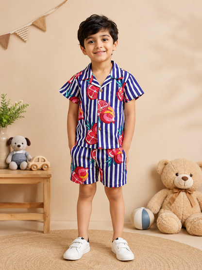 Boys' Striped Quirky Fruit Print Co-ord Set. Handcrafted Cambric Cotton Half Sleeve Shirt & Shorts Set for Comfortable Casual Wear