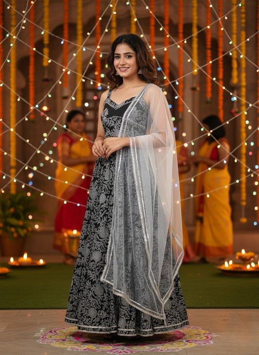 Discharge Print Black Coloured Lehenga Choli
