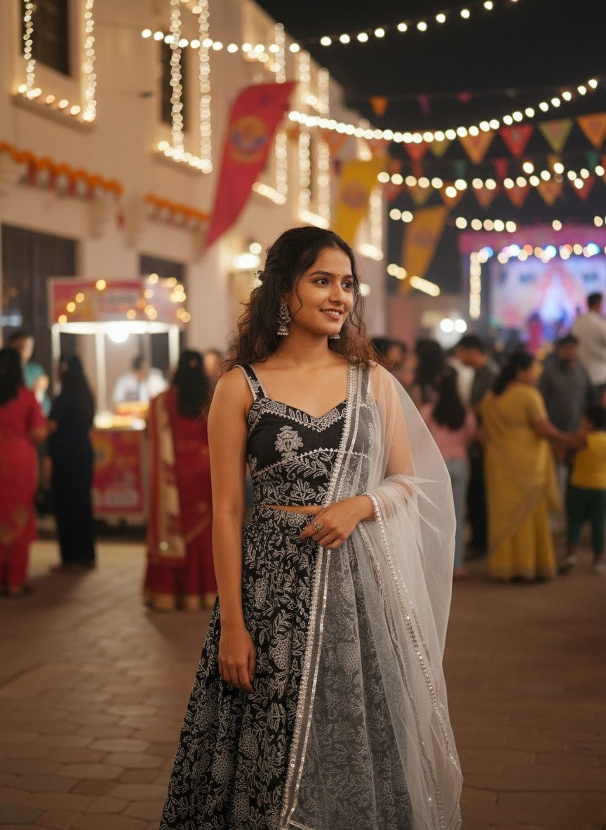 Discharge Print Black Coloured Lehenga Choli