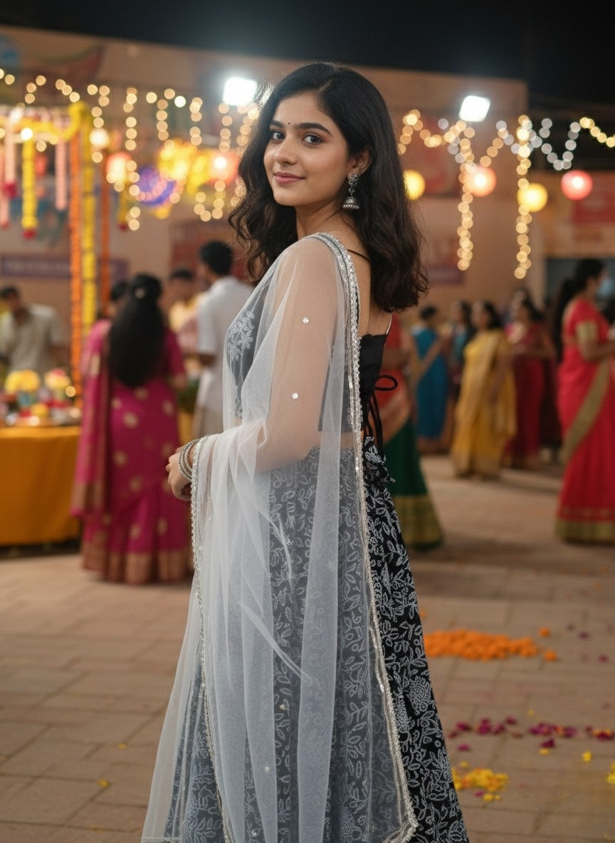 Discharge Print Black Coloured Lehenga Choli