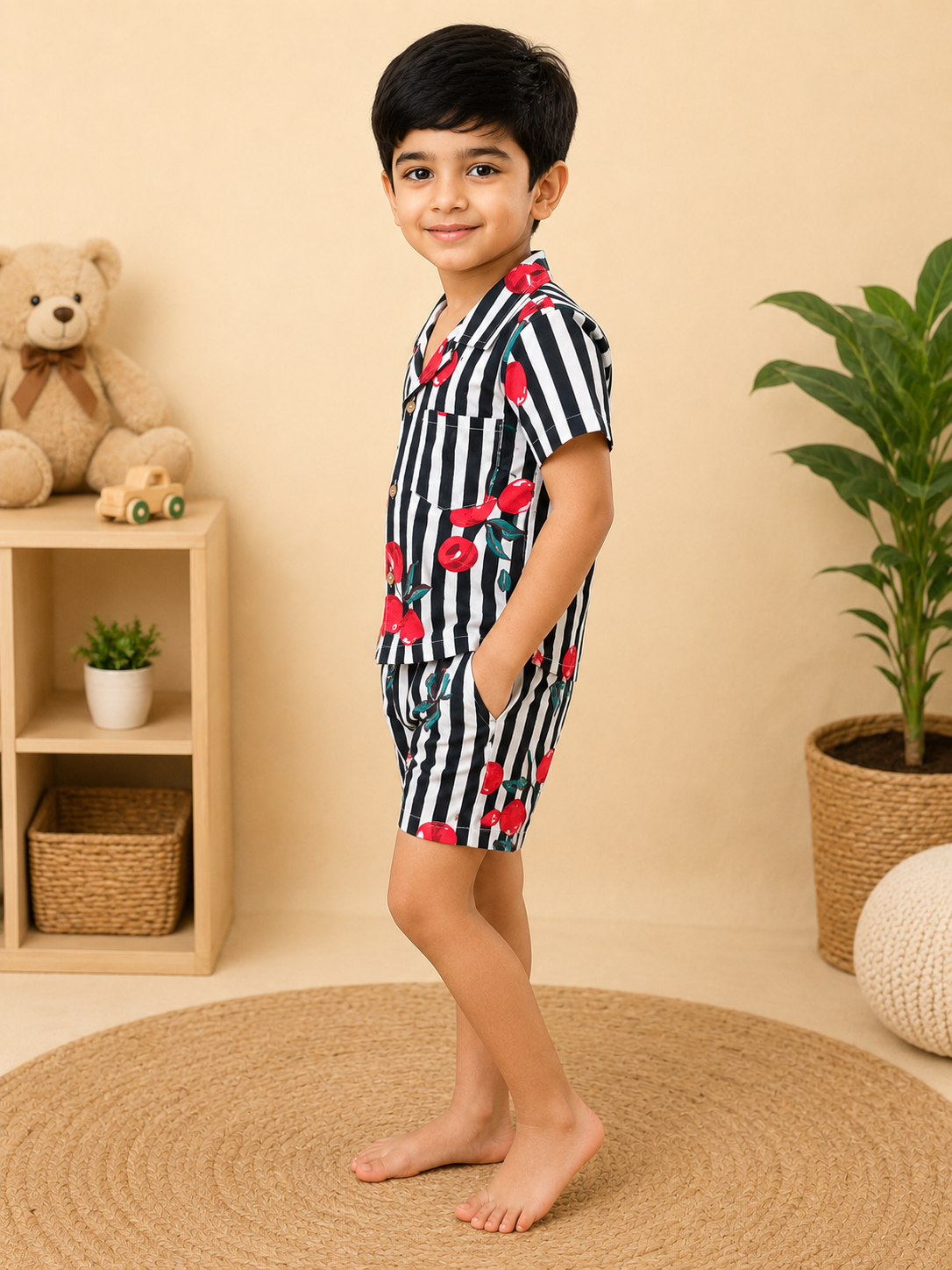 Boys' Striped Quirky Fruit Print Co-ord Set. Handcrafted Cambric Cotton Half Sleeve Shirt & Shorts Set for Comfortable Casual Wear