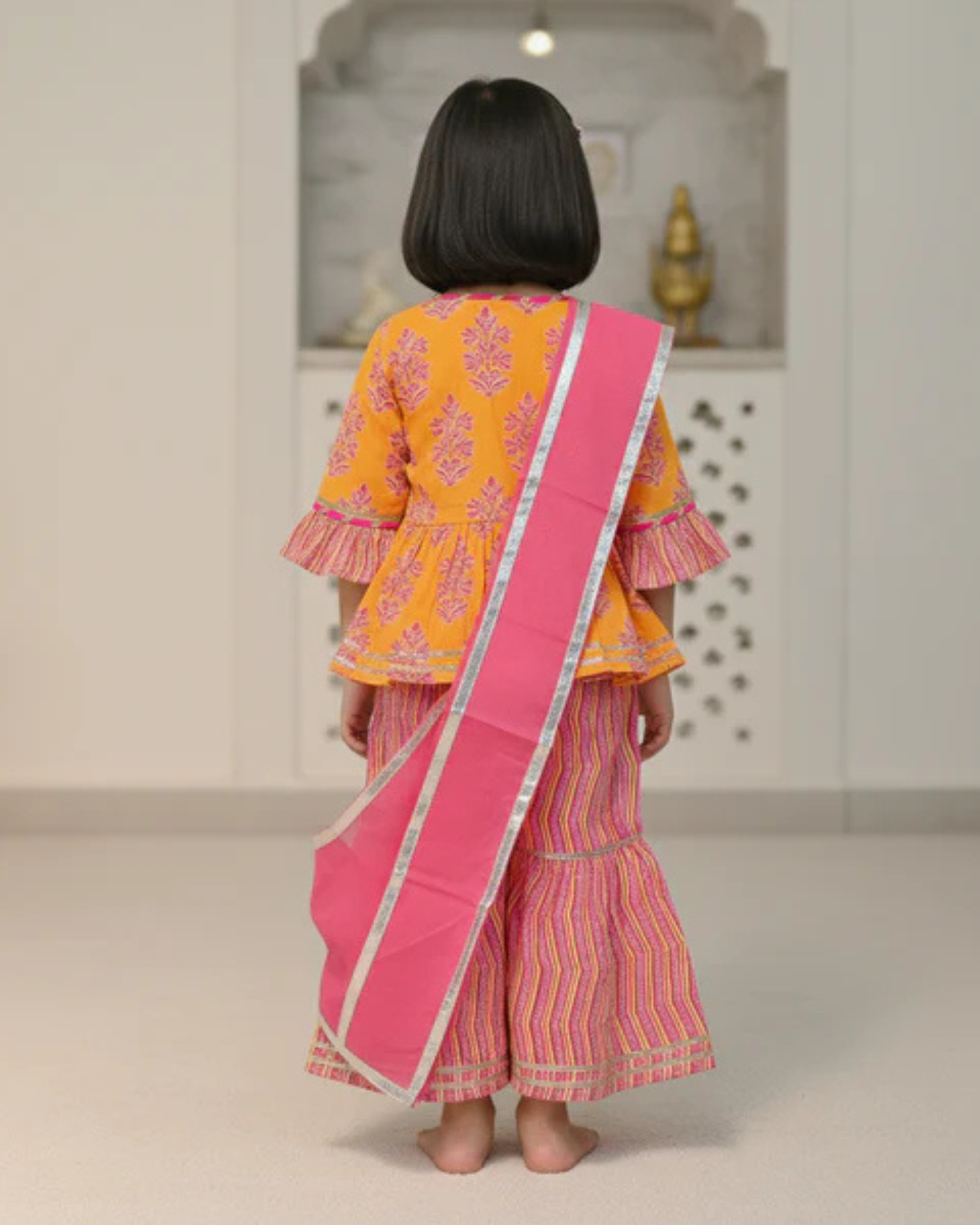 Block Printed Yellow & Pink Coloured Anarkali Suit with Sharara