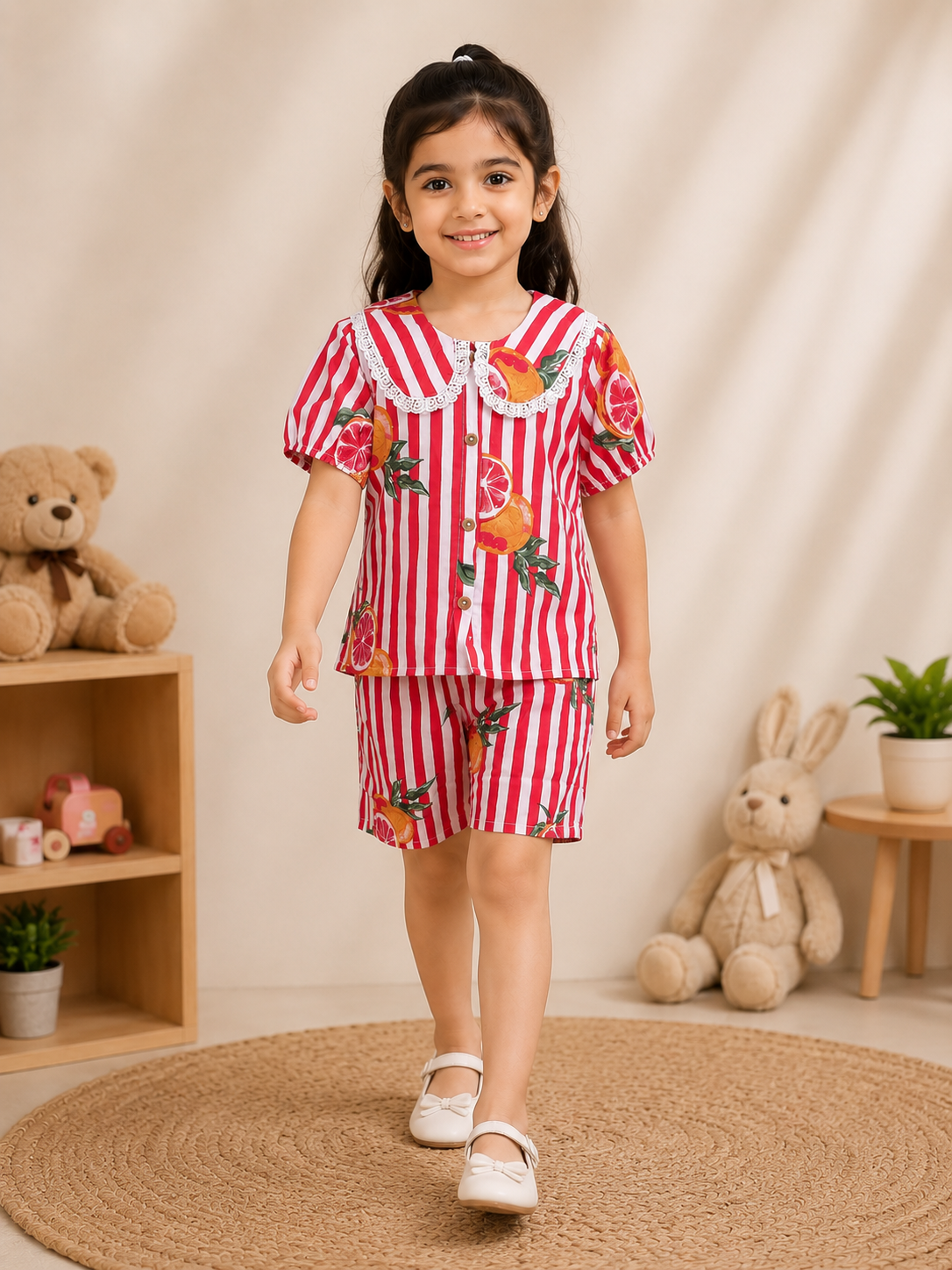 Striped-quirky-fruit  printed Cord-Set  for Girls