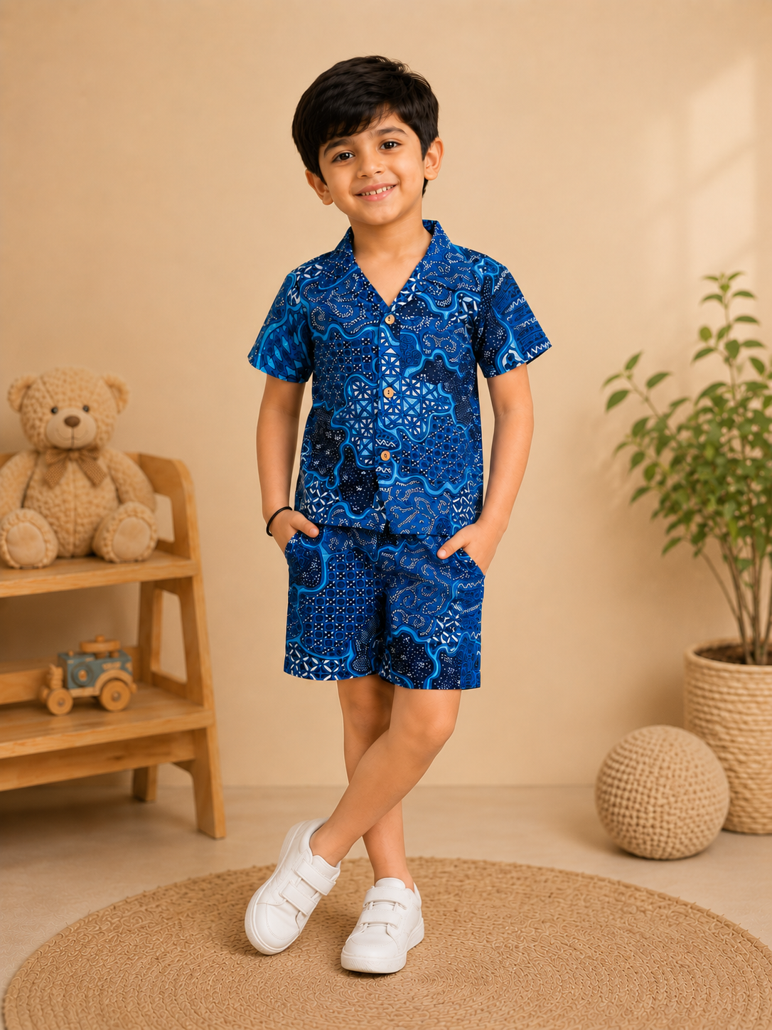Boys' Abstract Print Co-ord Set. Handcrafted Cambric Cotton Half Sleeve Shirt & Shorts Set for Comfortable Casual Wear