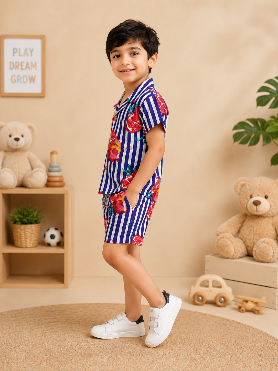 Boys' Striped Quirky Fruit Print Co-ord Set. Handcrafted Cambric Cotton Half Sleeve Shirt & Shorts Set for Comfortable Casual Wear