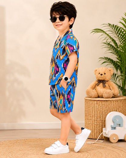Boys Blue Ikkat & Girls Pink Printed Co-ord Set | Handcrafted Cambric Cotton Half Sleeve Shirt & Shorts Playwear Outfit | Casual Summer Dress Set for Kids
