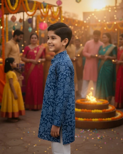 Indigo blue discharge printed Kurta -Pyjama