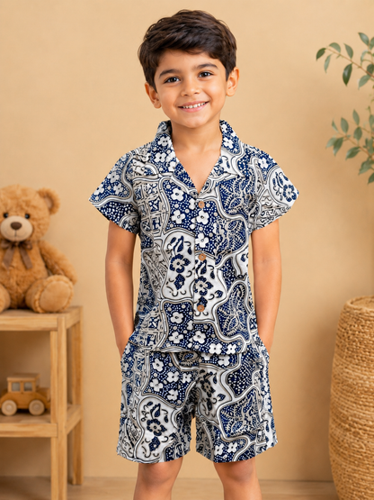 Boys' Abstract Print Co-ord Set. Handcrafted Cambric Cotton Half Sleeve Shirt & Shorts Set for Comfortable Casual Wear