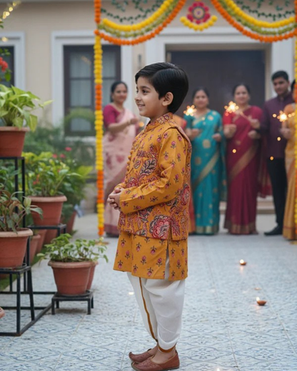 block printed Jacket with Kurta -Dhoti