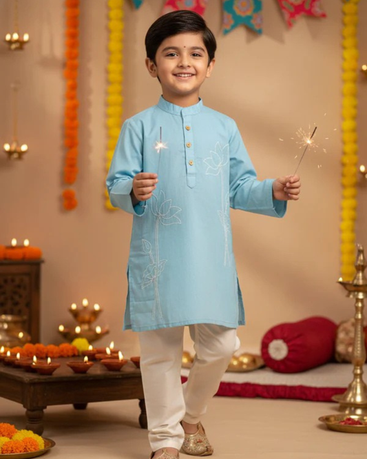 Sky Blue Lotus embroided Kurta -Pyjama