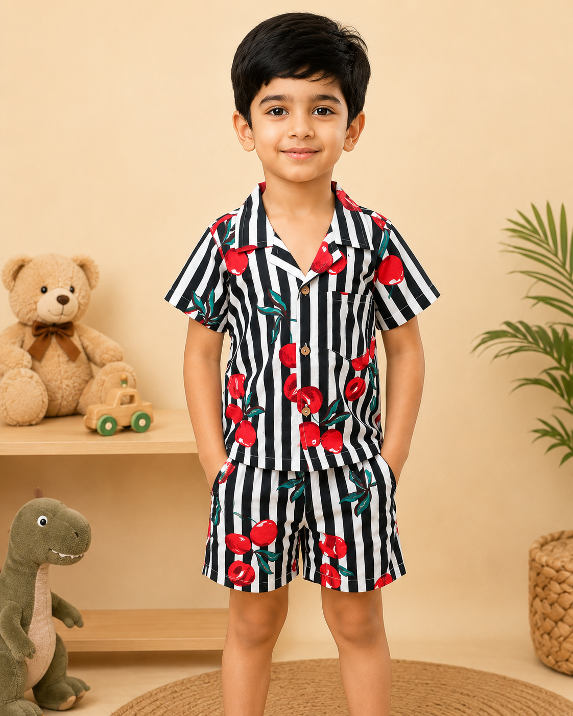 Boys' Striped Quirky Fruit Print Co-ord Set. Handcrafted Cambric Cotton Half Sleeve Shirt & Shorts Set for Comfortable Casual Wear
