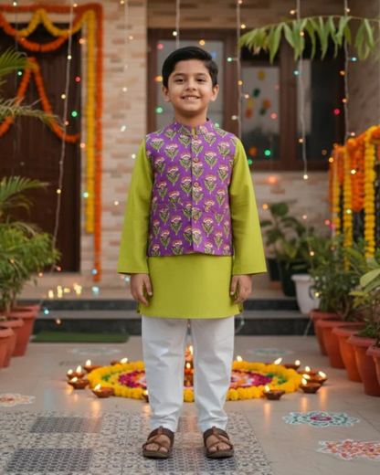 Lavender Floral Print Jacket with Kurta -Pyjama