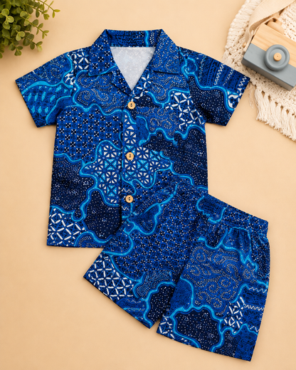 Boys' Abstract Print Co-ord Set. Handcrafted Cambric Cotton Half Sleeve Shirt & Shorts Set for Comfortable Casual Wear