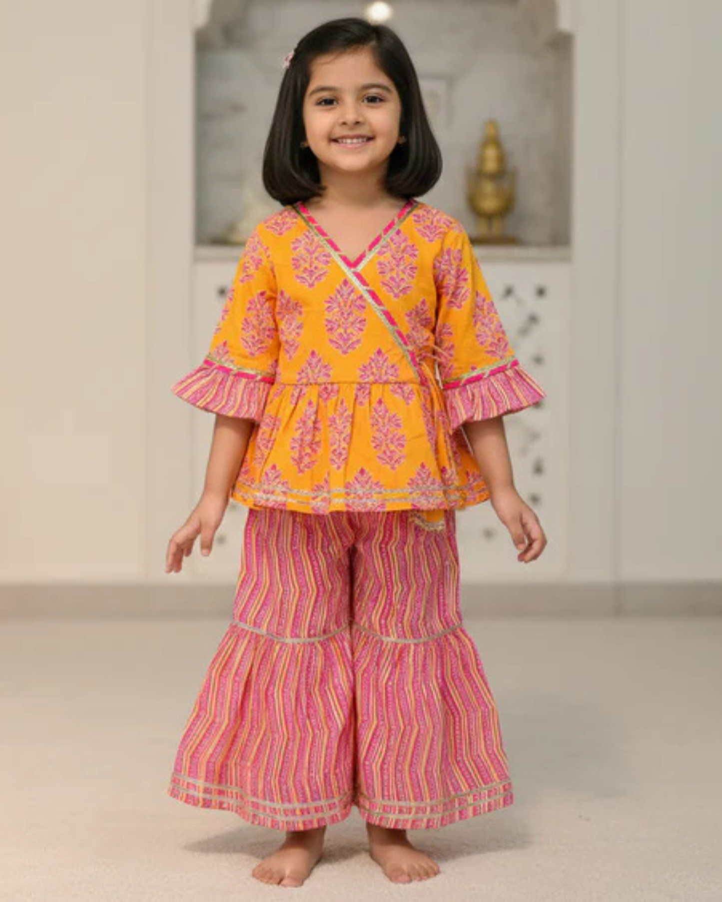 Block Printed Yellow & Pink Coloured Anarkali Suit with Sharara