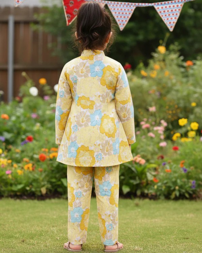 Yellow  Flower Printed Girls Co-Ord Set