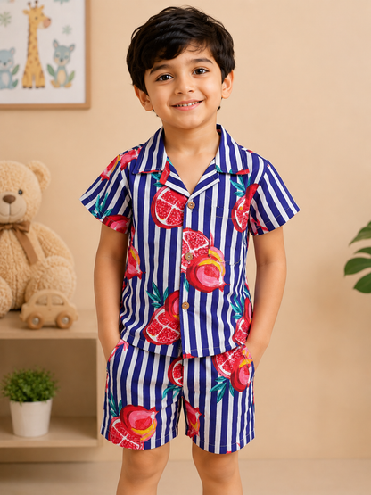 Purple Striped-quirky-fruit printed Cord-Set  for Boys