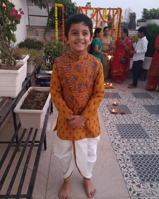 Mustard block printed Jacket with Kurta -Dhoti