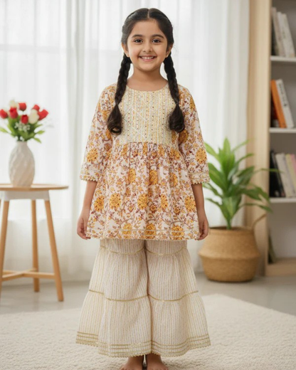 Screen Print Yellow Color Anarkali suit With Sharara