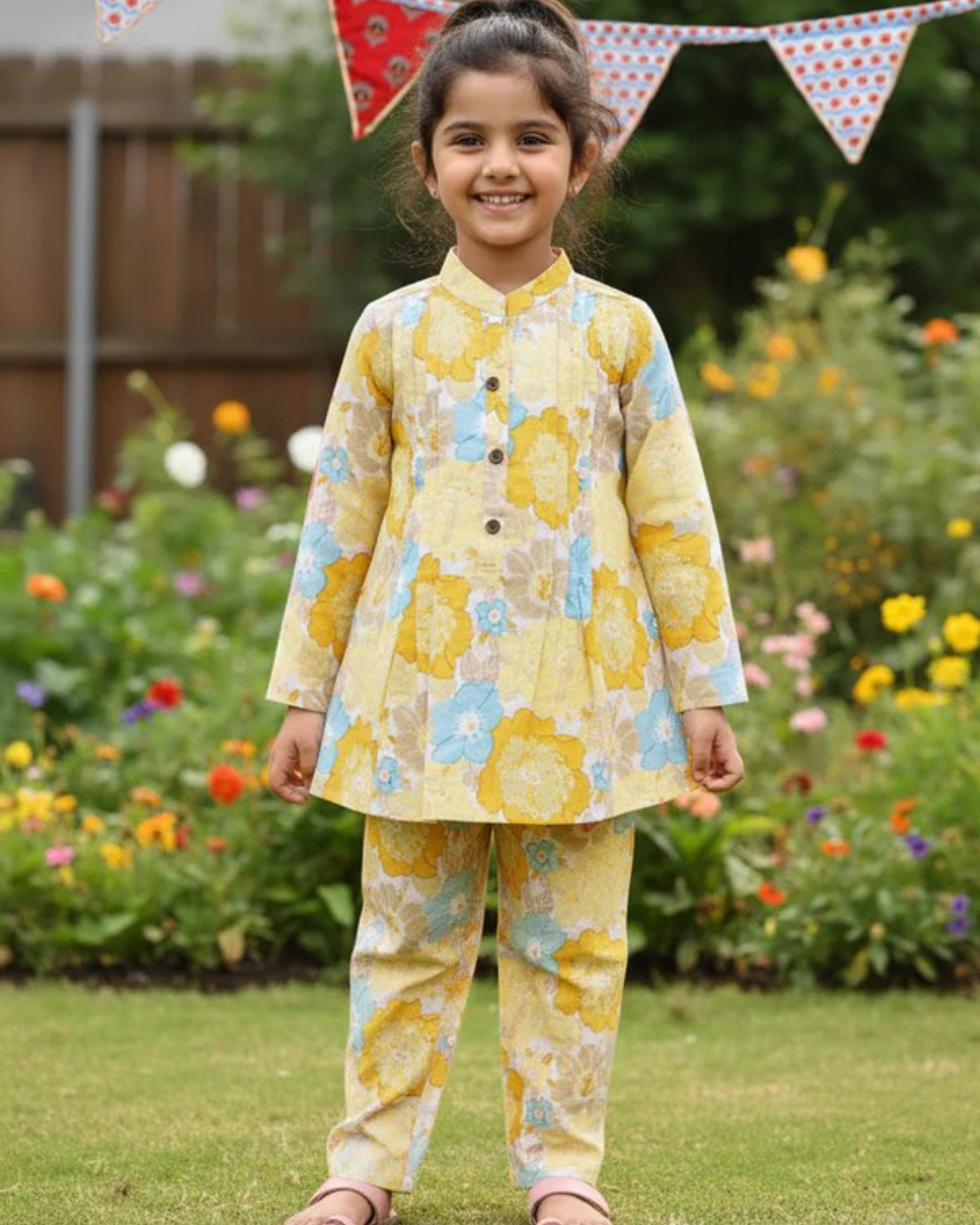 Yellow  Flower Printed Girls Co-Ord Set