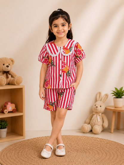 Striped-quirky-fruit  printed Cord-Set  for Girls
