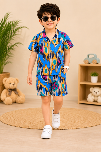 Boys Blue Ikkat & Girls Pink Printed Co-ord Set | Handcrafted Cambric Cotton Half Sleeve Shirt & Shorts Playwear Outfit | Casual Summer Dress Set for Kids