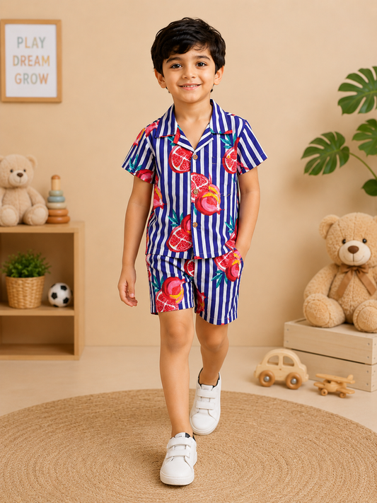 Boys' Striped Quirky Fruit Print Co-ord Set. Handcrafted Cambric Cotton Half Sleeve Shirt & Shorts Set for Comfortable Casual Wear