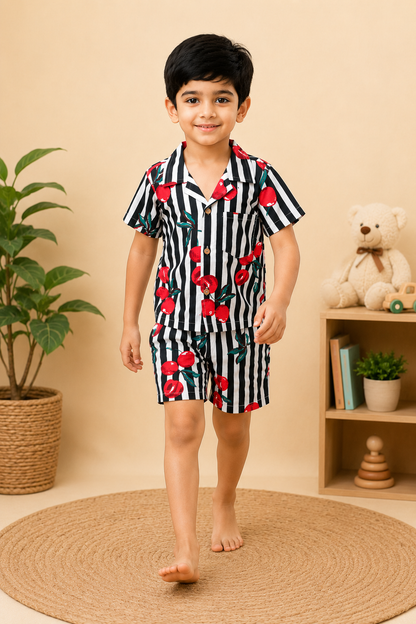 Black Striped-quirky-fruit  printed Cord-Set  for boys