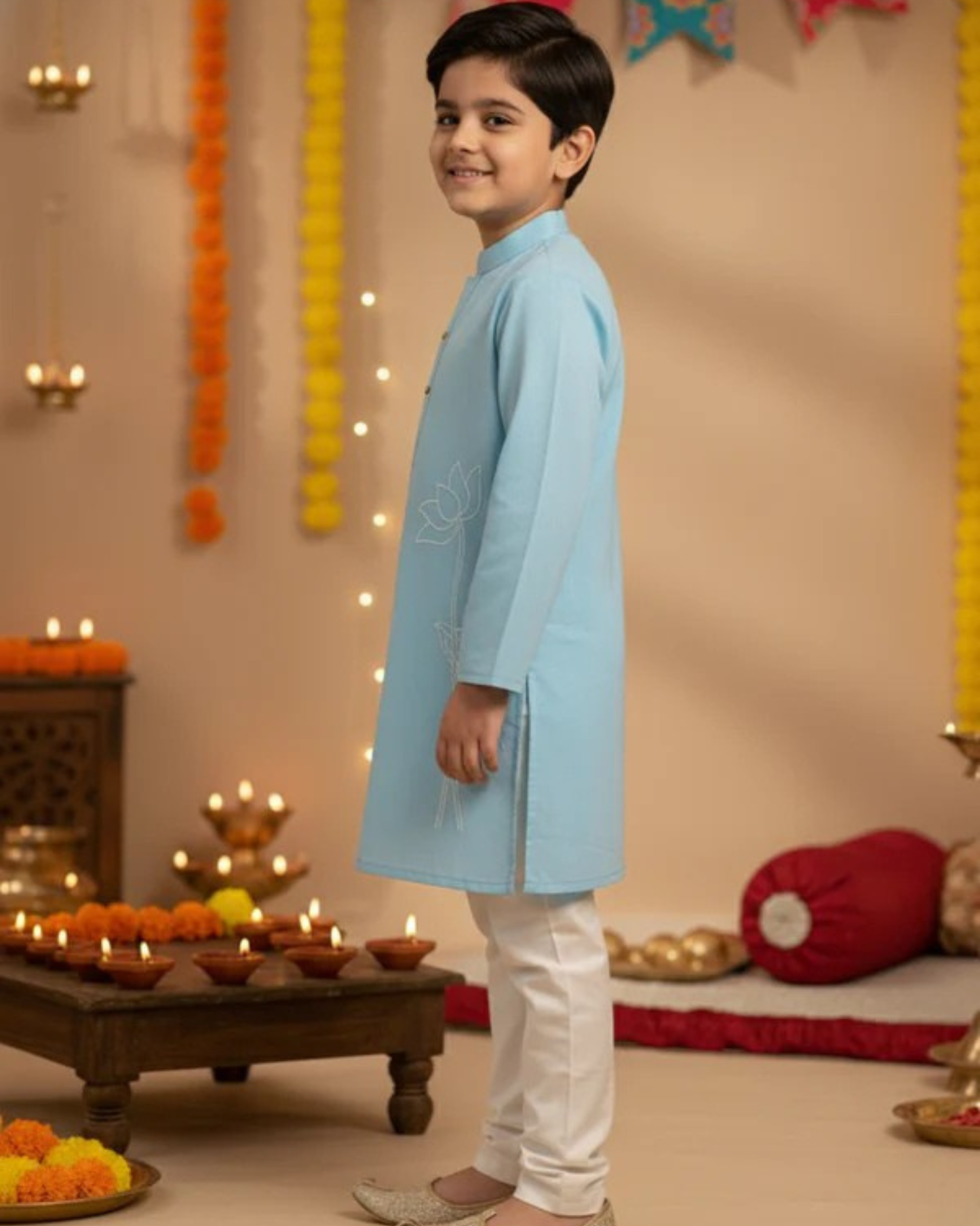 Sky Blue Lotus embroided Kurta -Pyjama