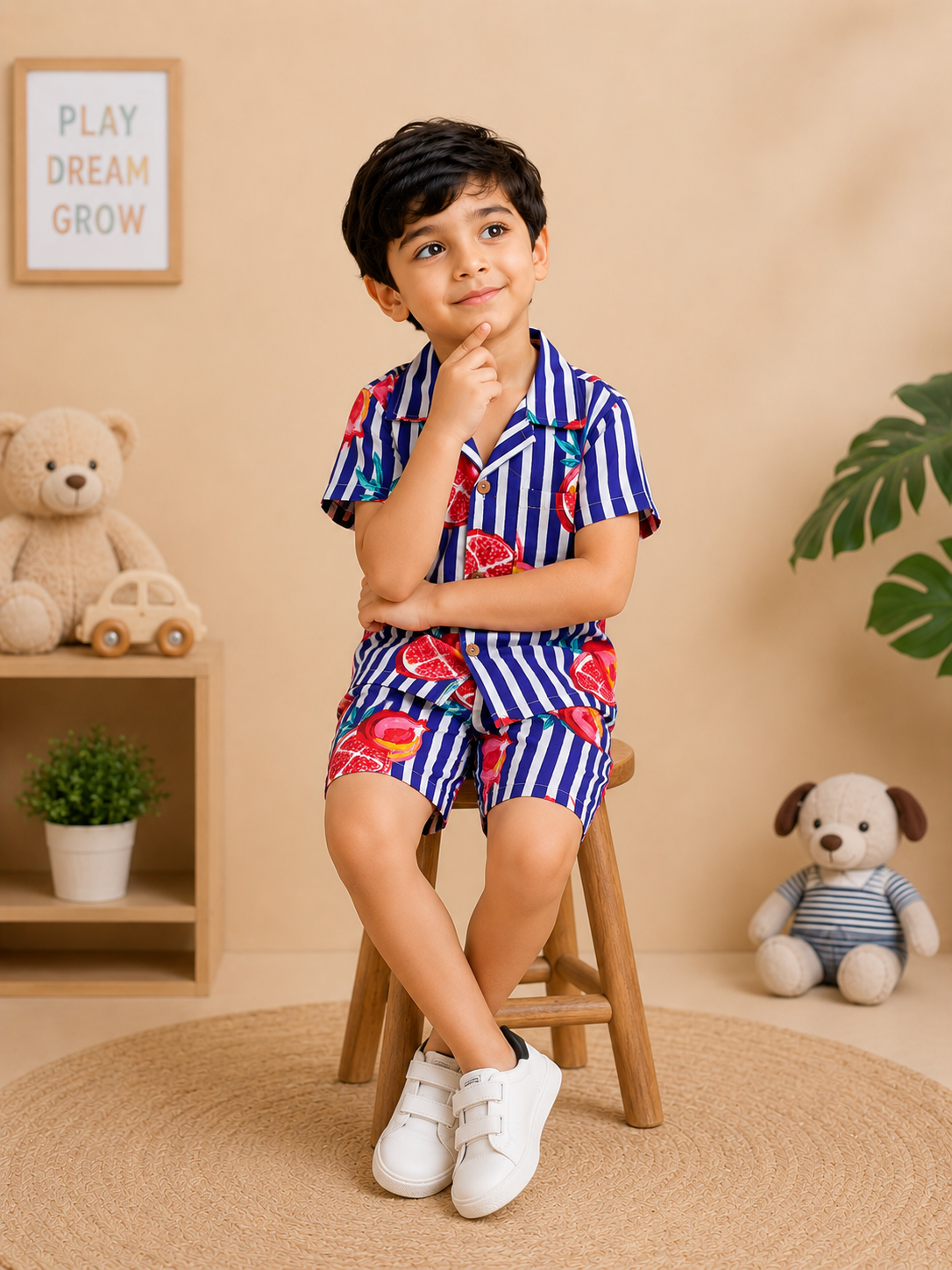 Purple Striped-quirky-fruit printed Cord-Set  for Boys