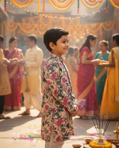 Pink Block Printed Boy's Kurta