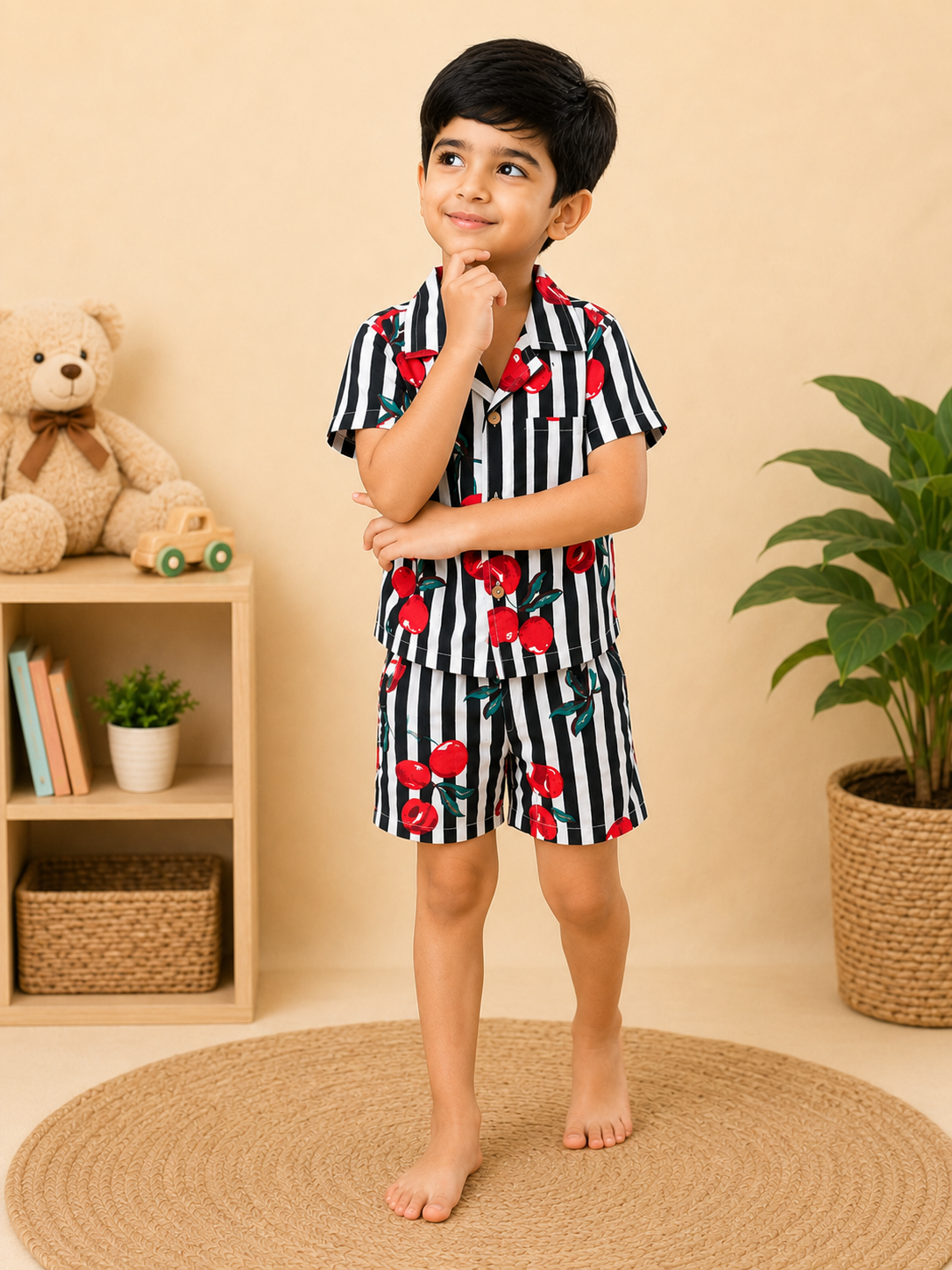 Boys' Striped Quirky Fruit Print Co-ord Set. Handcrafted Cambric Cotton Half Sleeve Shirt & Shorts Set for Comfortable Casual Wear