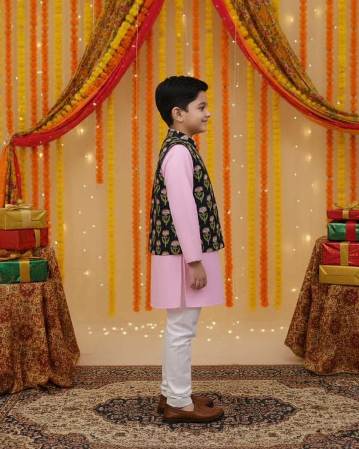 Ethnic Floral Print Jacket with Kurta -Pyjama