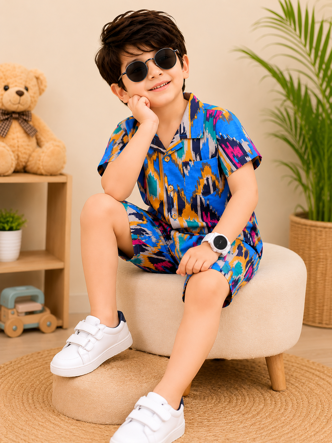 Boys Blue Ikkat & Girls Pink Printed Co-ord Set | Handcrafted Cambric Cotton Half Sleeve Shirt & Shorts Playwear Outfit | Casual Summer Dress Set for Kids