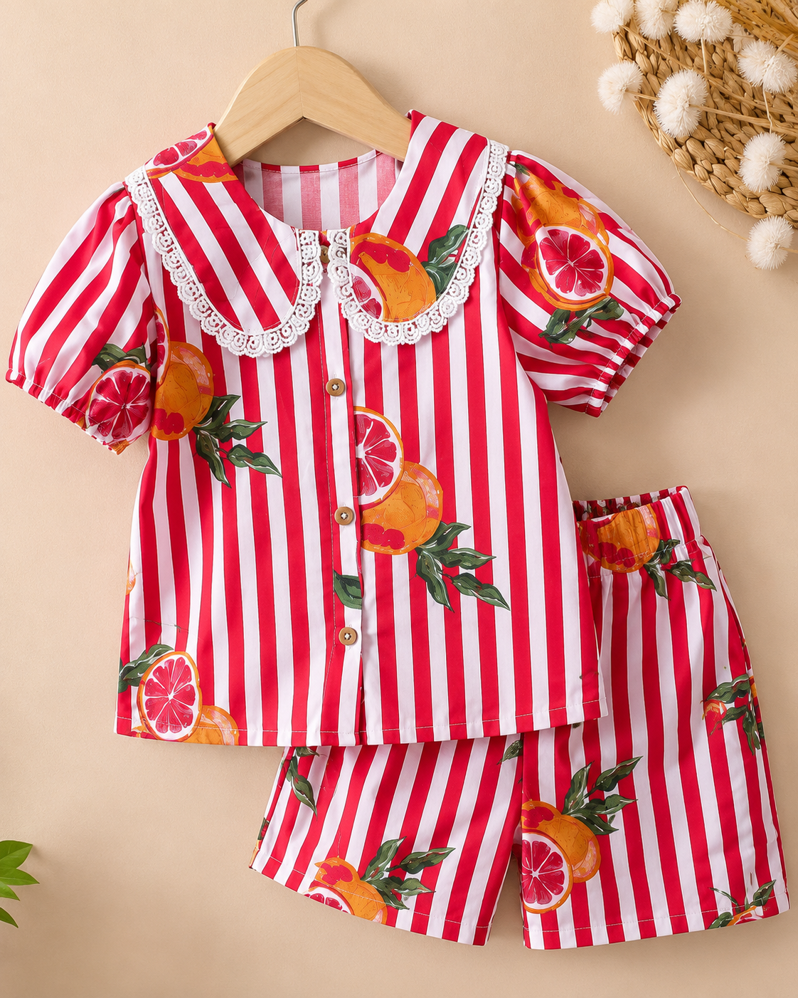 Striped-quirky-fruit  printed Cord-Set  for Girls