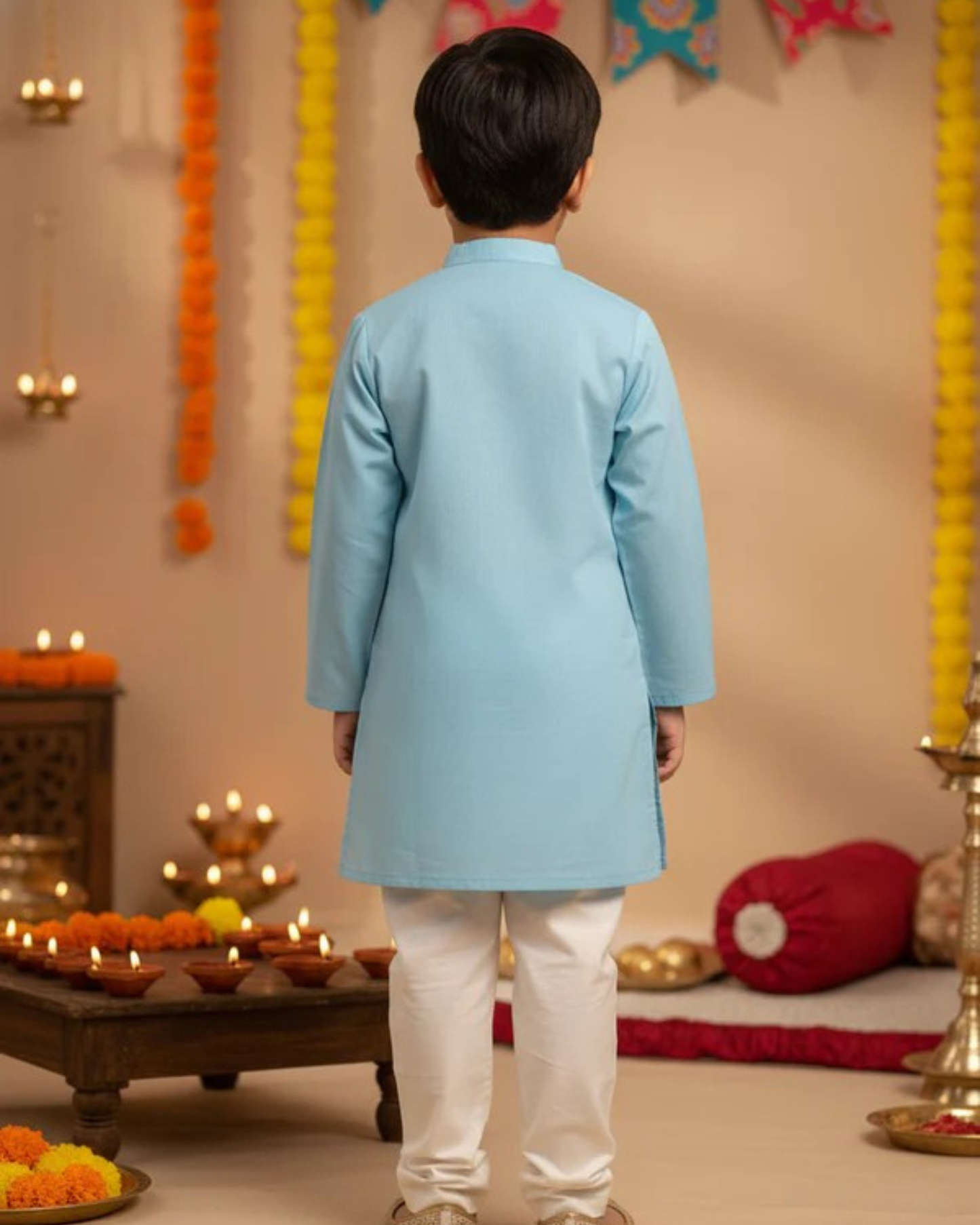 Sky Blue Lotus embroided Kurta -Pyjama