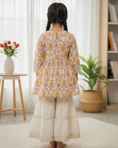 Screen Print Yellow Color Anarkali suit With Sharara