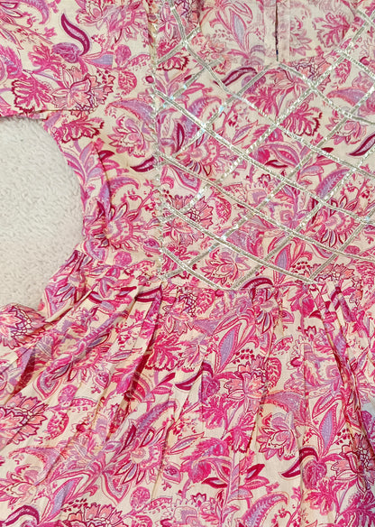 Pink Colour Flower Print Anarkali Suit With Sharara