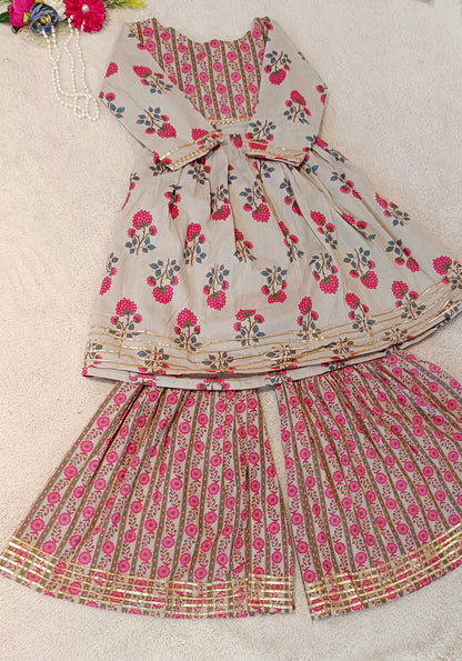 Pink Flower Printed Anarkali Suit with Sharara