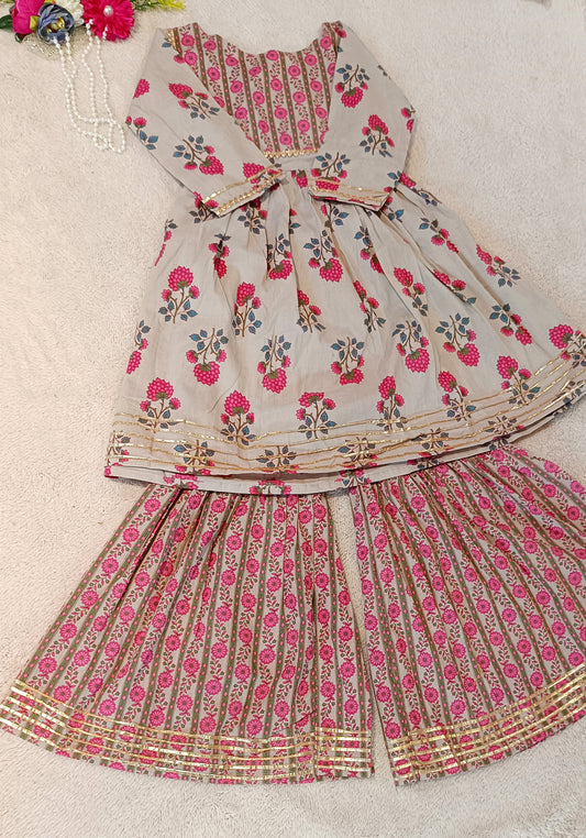 Pink Flower Printed Anarkali Suit with Sharara
