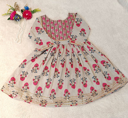 Pink Flower Printed Anarkali Suit with Sharara