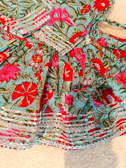 Flower Printed Red & Green Coloured Anarkali Suit with Sharara