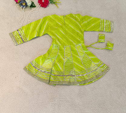 Bandhej Printed Parrot Green Coloured Anarkali Suit With Sharara