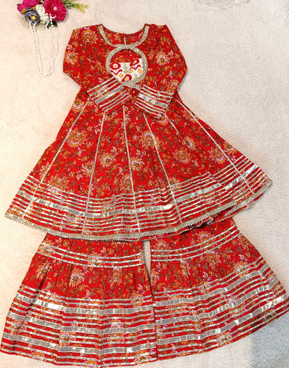 Screen Printed Red Coloured Anarkali Suit With Sharara
