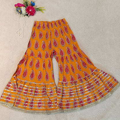 Block Printed Mustard Coloured Anarkali Suit With Sharara