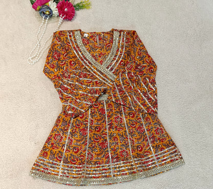 Block Printed Mustard Coloured Anarkali Suit With Sharara