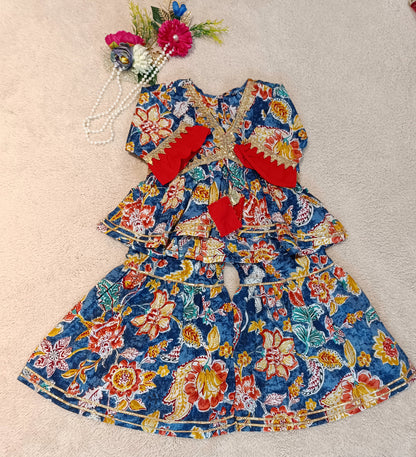 Abstract Flower Printed Blue Coloured  Anarkali Suit With Sharara