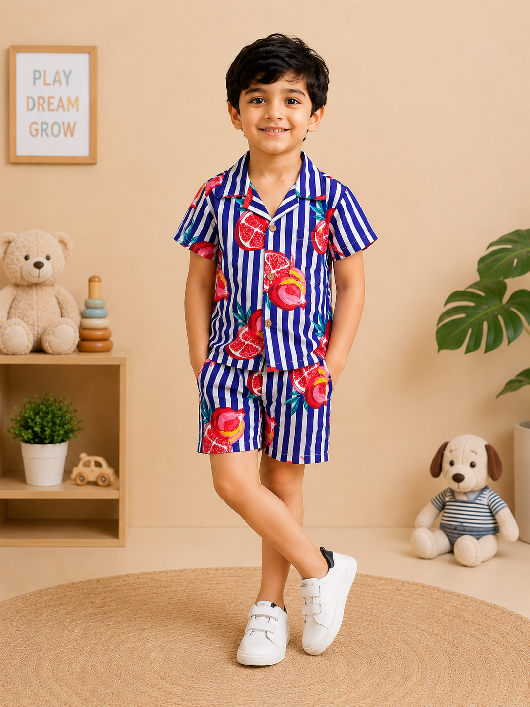 Purple Striped-quirky-fruit printed Cord-Set  for Boys