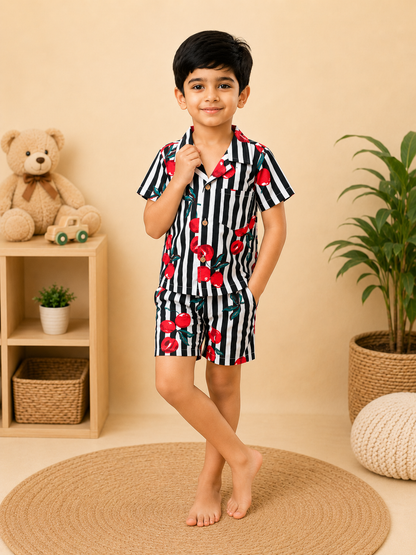 Black Striped-quirky-fruit  printed Cord-Set  for boys