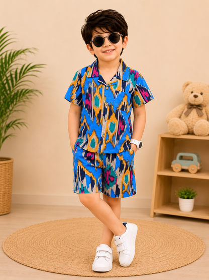 Boys Blue Ikkat & Girls Pink Printed Co-ord Set | Handcrafted Cambric Cotton Half Sleeve Shirt & Shorts Playwear Outfit | Casual Summer Dress Set for Kids