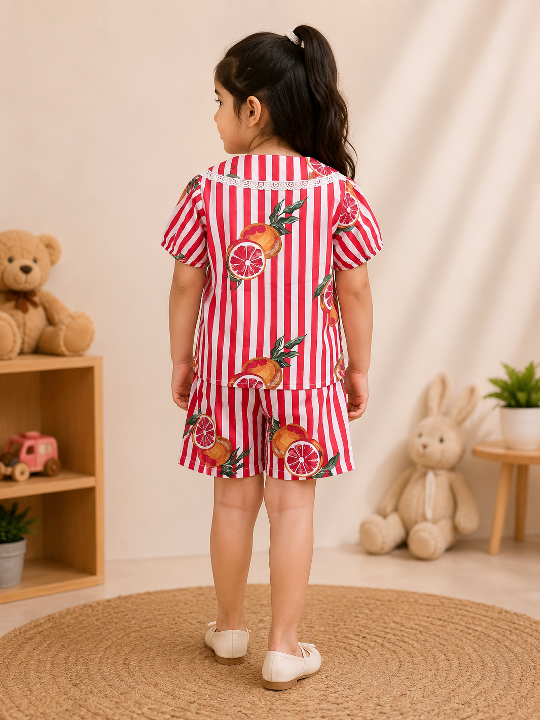 Striped-quirky-fruit  printed Cord-Set  for Girls